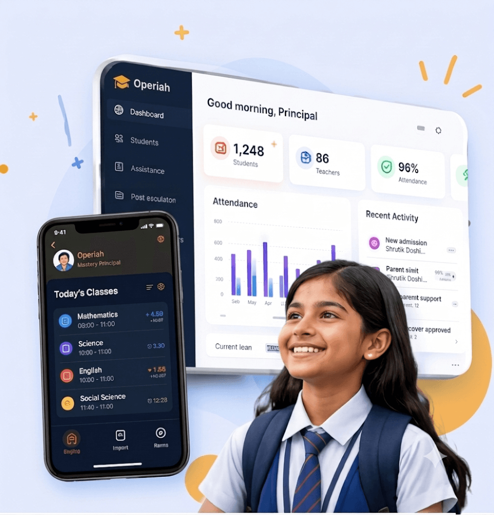 Operiah school management platform — student with dashboard and mobile app